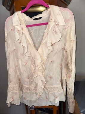Sunny Taylor Cream Ruffle Front Floral Blouse